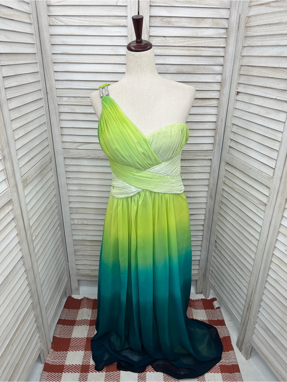 Calvin Klein Lime Green Ombré Maxi Dress One Shoulder Jeweled Formal Gown Size 8